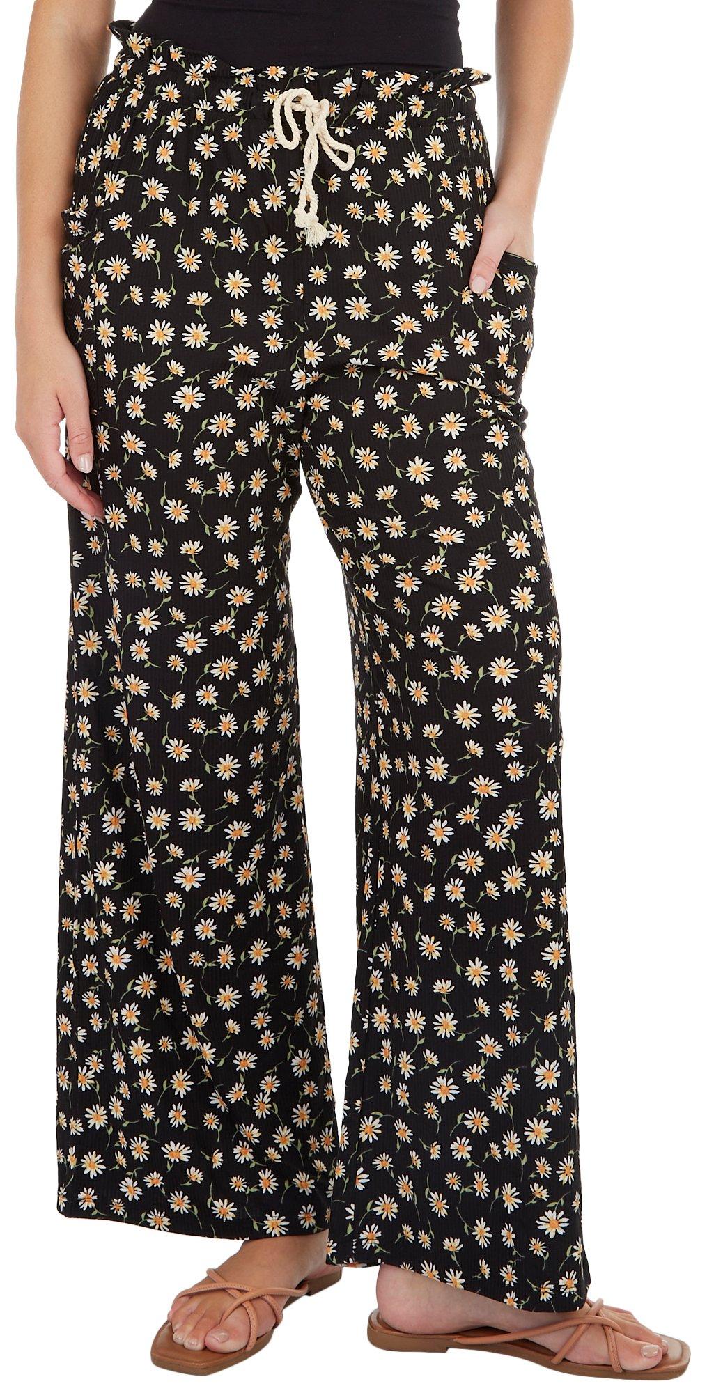 Juniors Ribbed Floral Pocket Wide Leg Pants