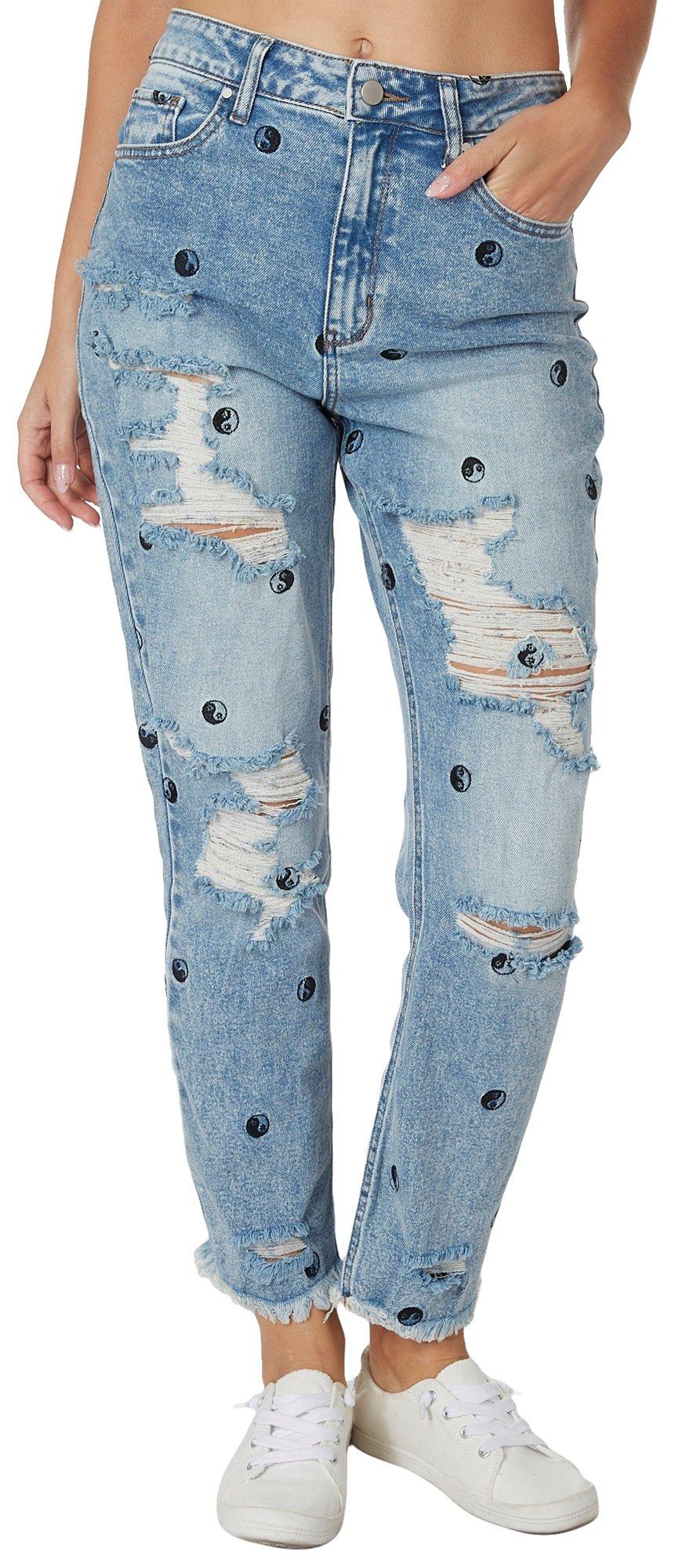 Tinseltown Juniors Deconstructed Embroidered Ying Yang Jean