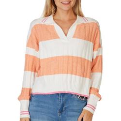 Junior Striped V Neck Collard Sweater