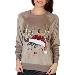 Juniors Embellished Christmas Deer Velour Sweater