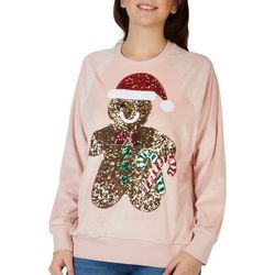 Juniors Merry Embellished Gingerbread Man Velour Sweater