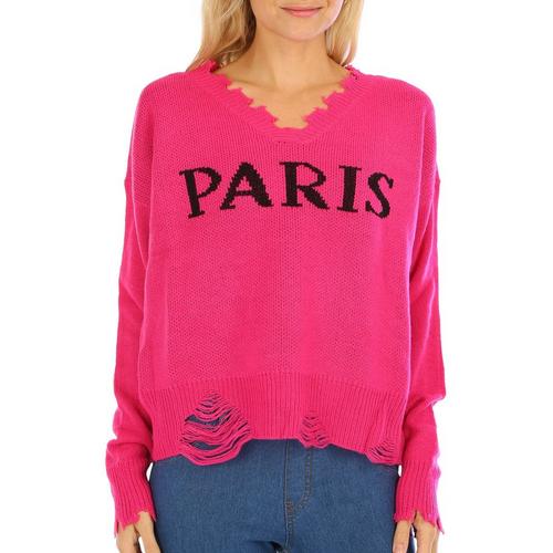 Juniors Paris V-Neck Distressed Sweater