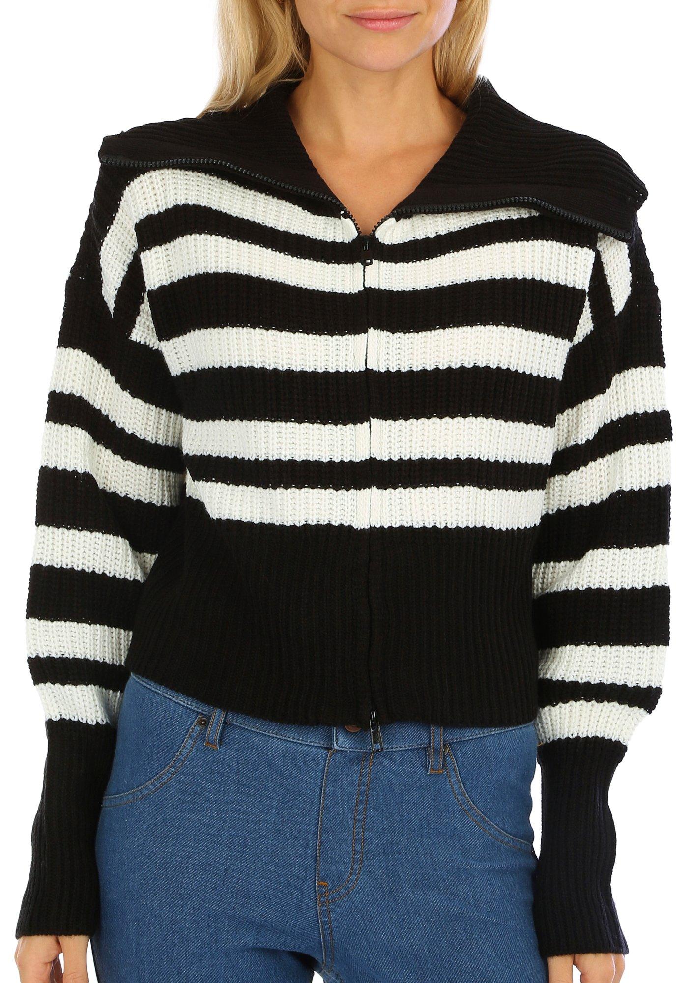 Juniors Full Zip Stripe Sweater