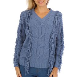 Juniors Solid Fringe V Neck Pullover Sweater