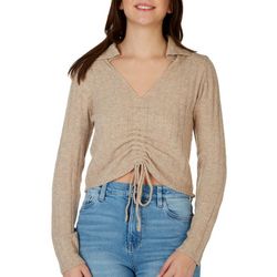 Juniors Solid Front Ruched Johnny Collar Sweater