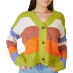Juniors Wide Stripe Knit Cropped Button Up Cardigan Sweater
