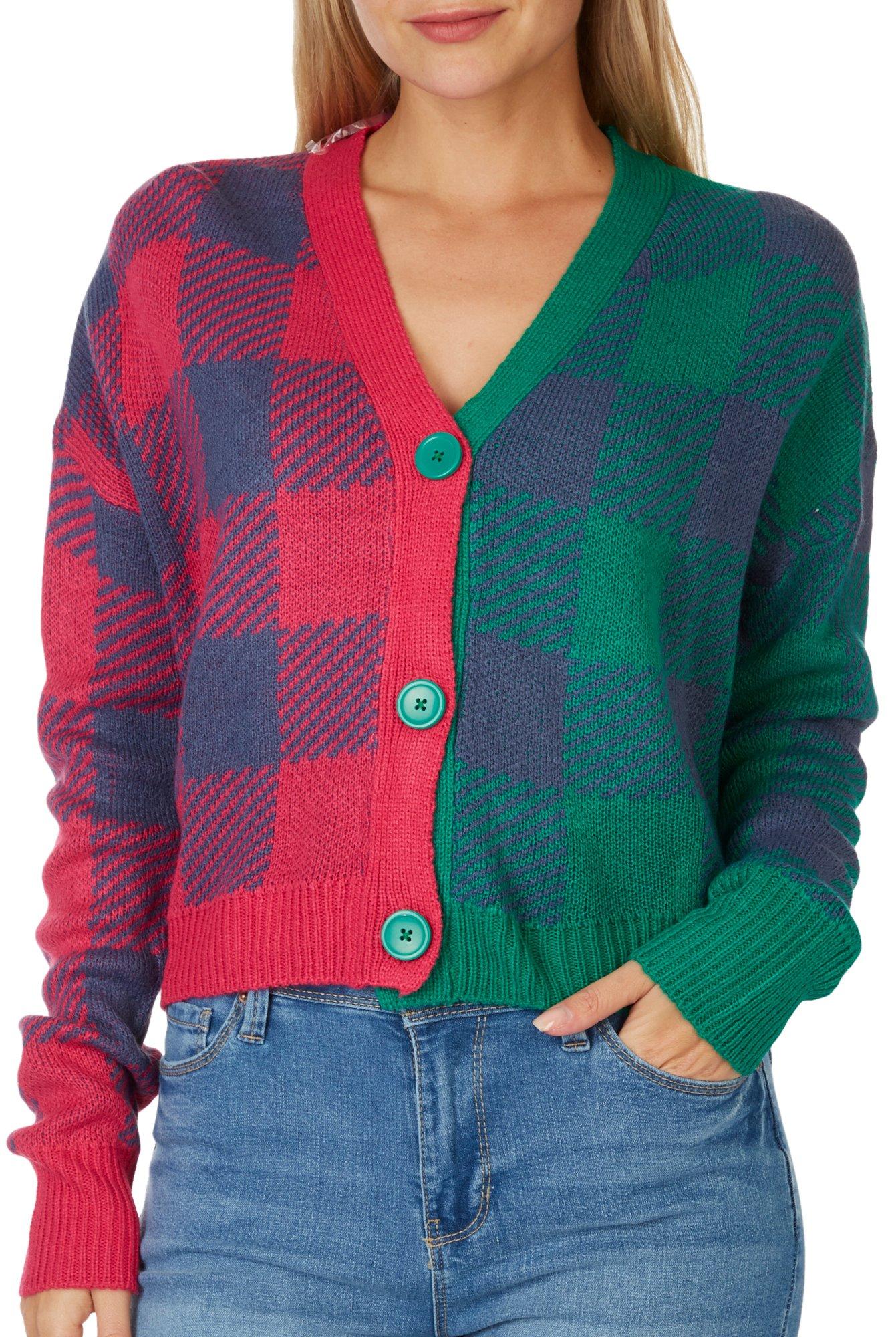 Juniors Color Block Checker Plaid Button Up Cardigan