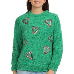 No Comment Juniors Candy Cane Heart Faux Fur Sherpa Sweater