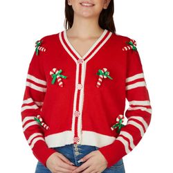 Juniors Christmas Candy Cane Button Down Cardigan