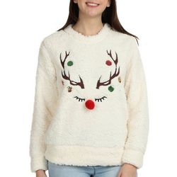 No Comment Juniors Reindeer Faux Fur Sherpa Sweater