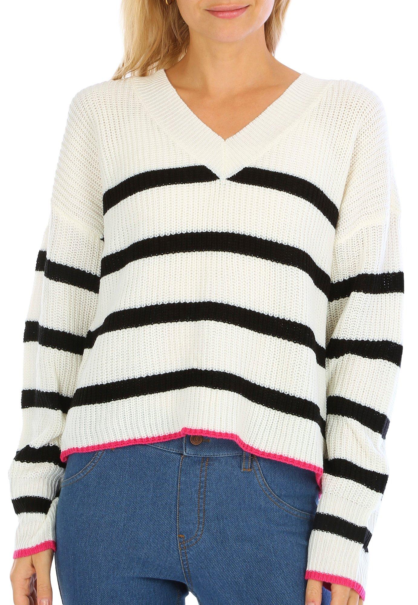No Comment Juniors Stripe V-Neck Pull Over Sweater