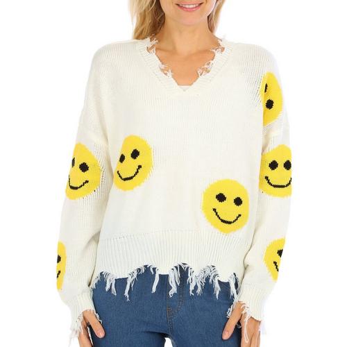 Juniors Distressed Smiley Sweater