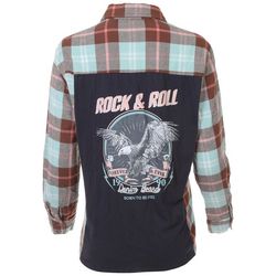 Juniors Plaid Rock & Roll Back Button Down Shirt