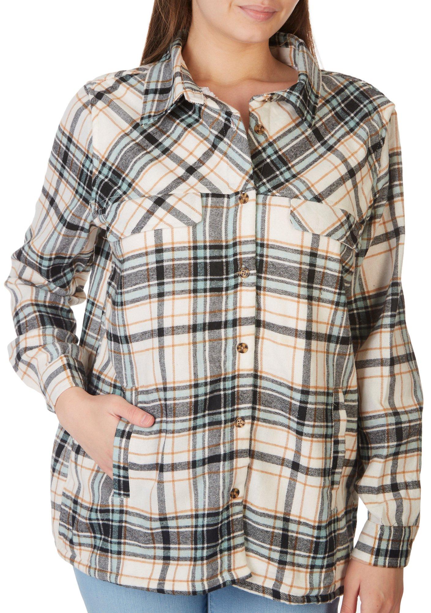 Juniors Mint Chip Plaid Sherpa Long Sleeve Shacket