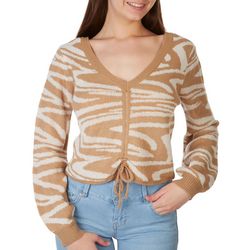 No Comment Juniors Zebra Cinched Tie Long Sleeve Sweater