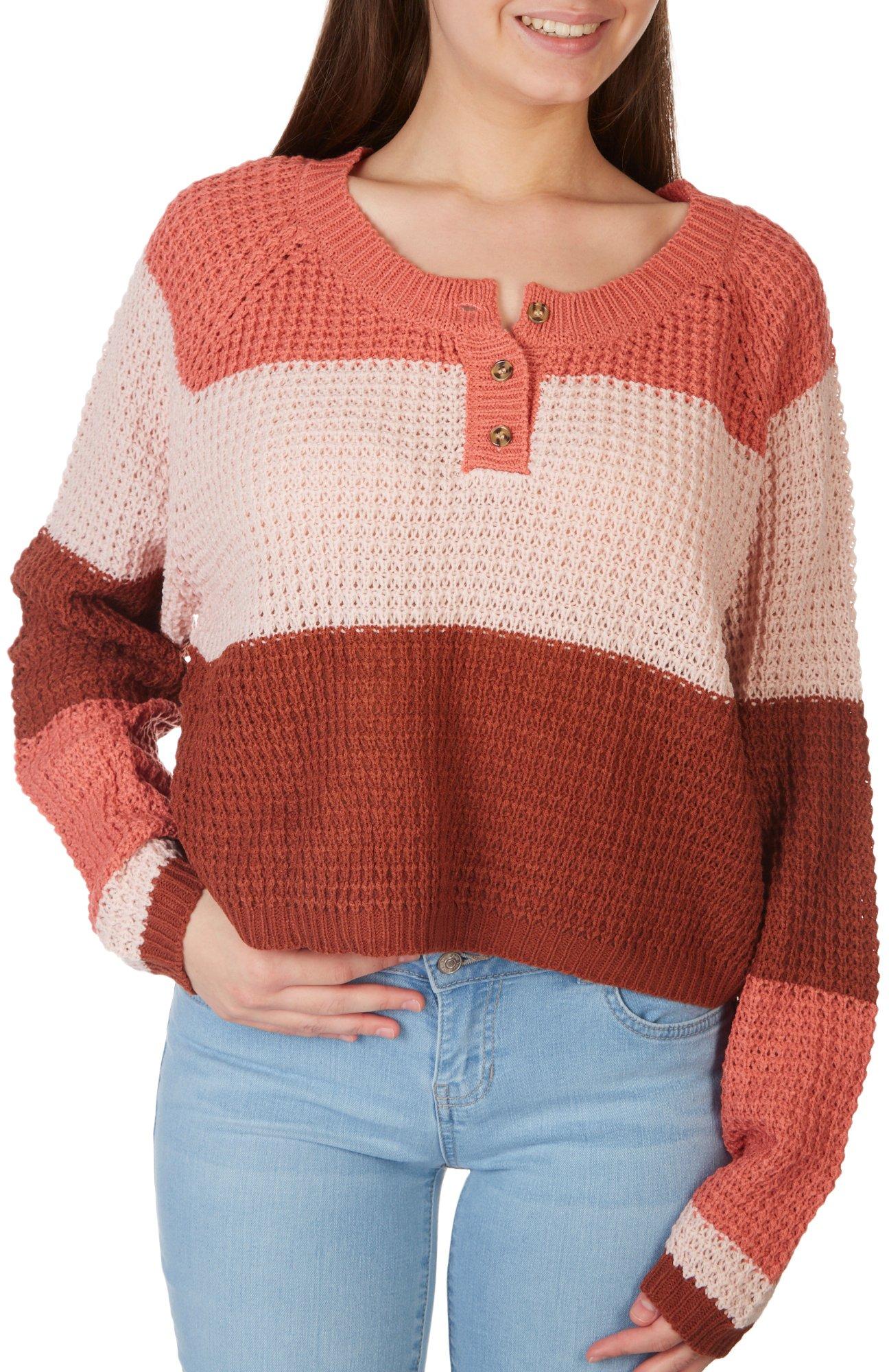 No Comment Juniors Open Knit Henley Sweater