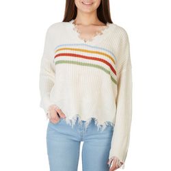 No Comment Juniors Distressed Multi Color Stripe Sweater
