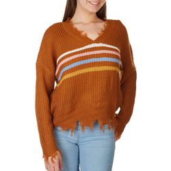 No Comment Juniors Striped Distressed Sweater