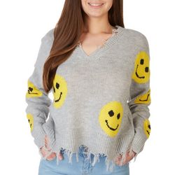 No Comment Juniors Distressed Smiley Face Sweater