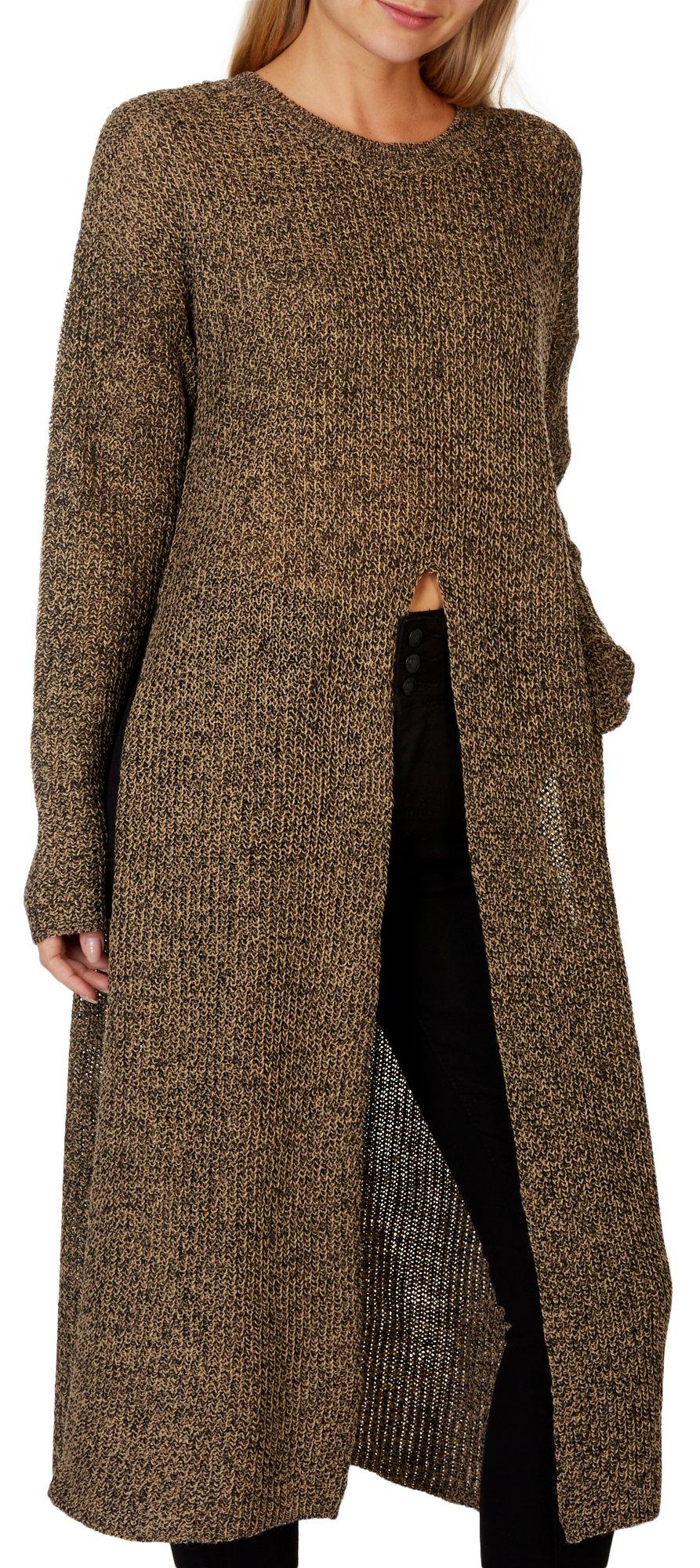 Juniors Split Distressed Long Sleeve Duster