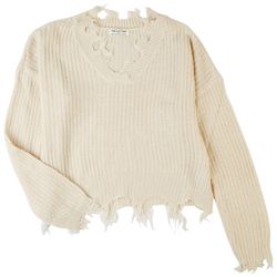 Full Circle Trends Juniors V-Neck Frayed Sweater