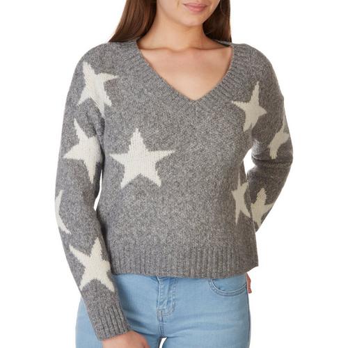 Juniors Star V Neck Long Sleeve Sweater