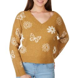 Juniors Floral & Butterfly V Neck Long Sleeve Sweater