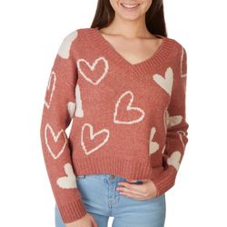 Pink Rose Juniors Heart V Neck Long Sleeve Sweater