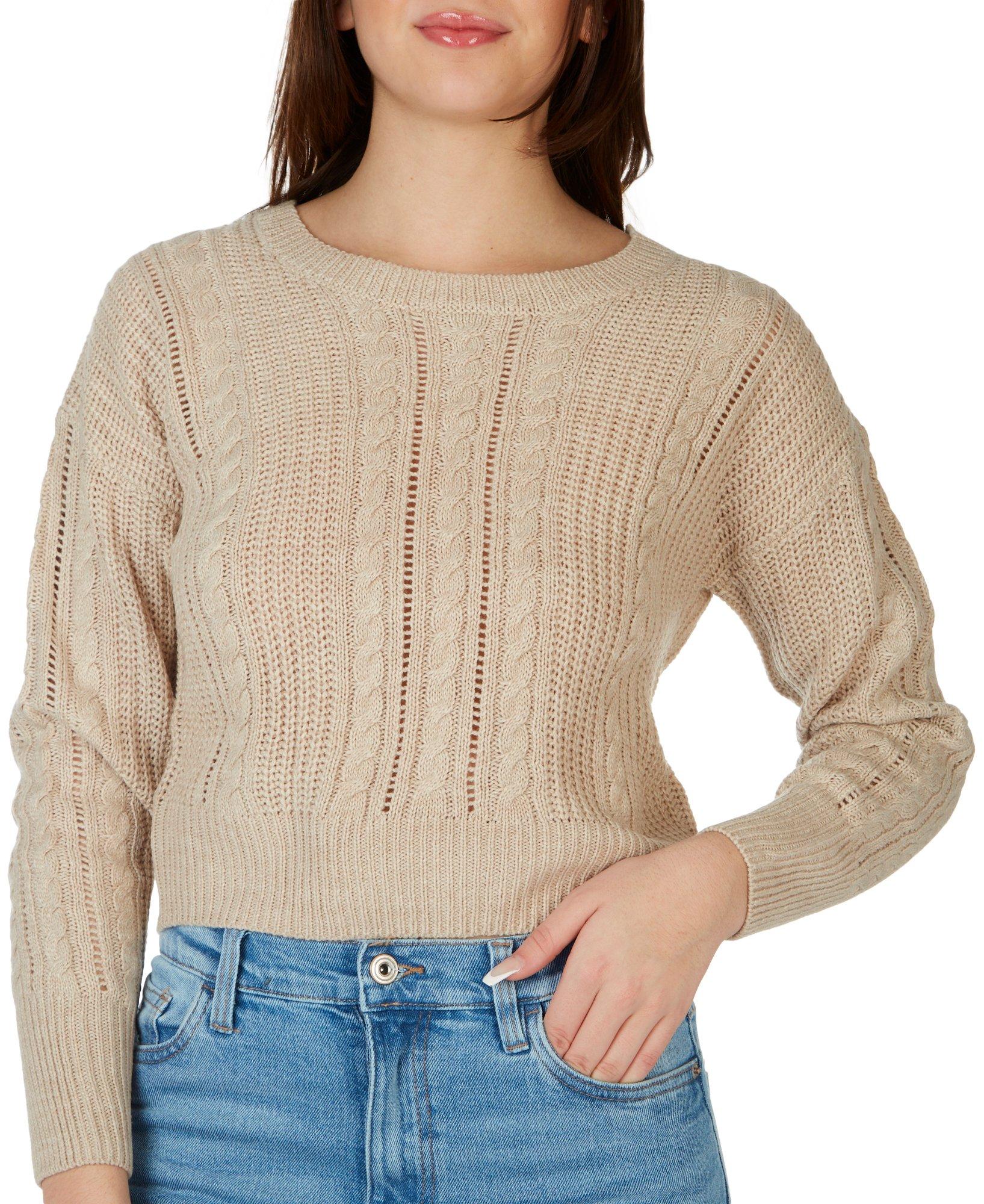 Pink Rose Juniors Cable Knit Lace Up Back Cropped Sweater