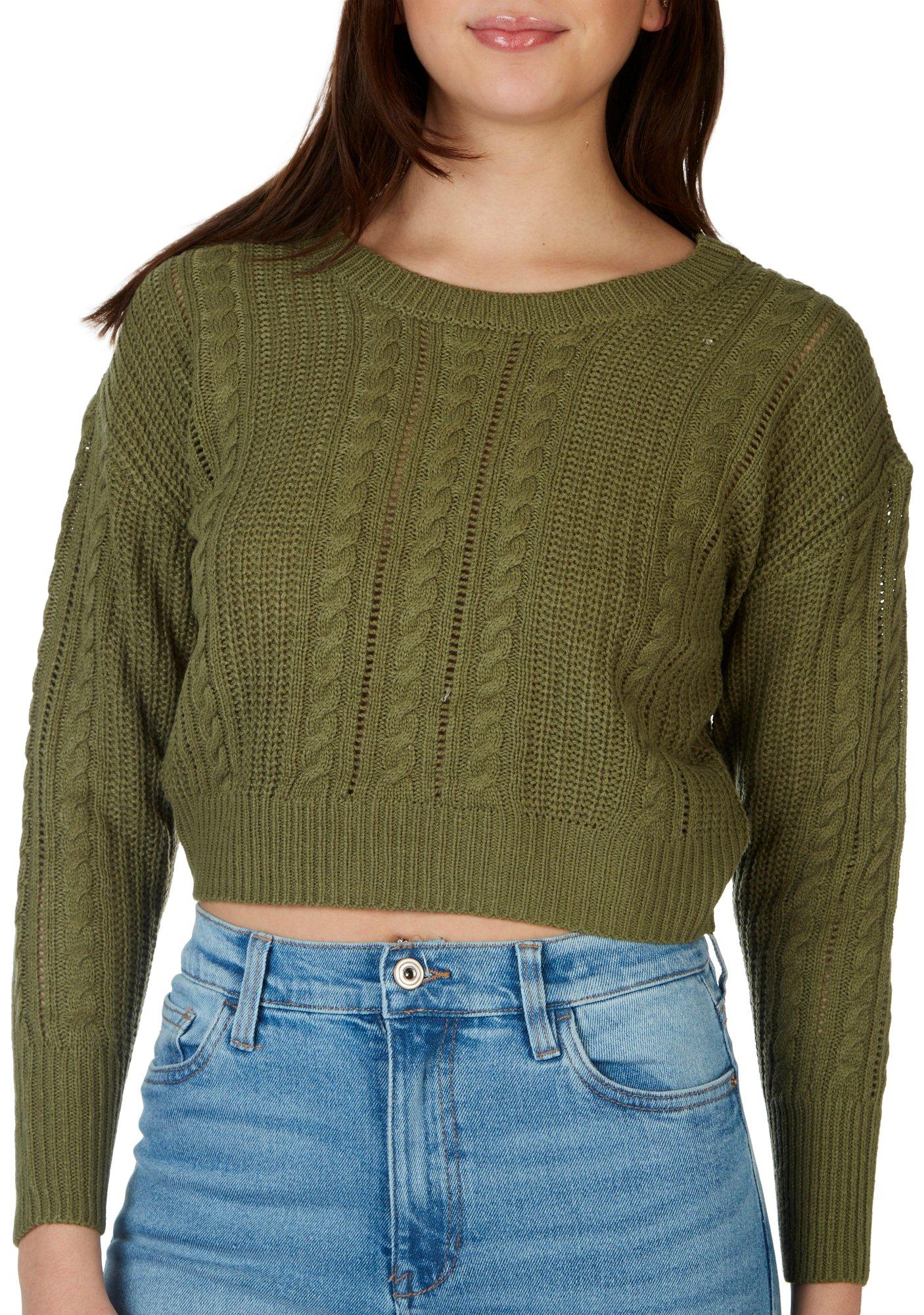Pink Rose Juniors Cable Knit Lace Up Back Cropped Sweater