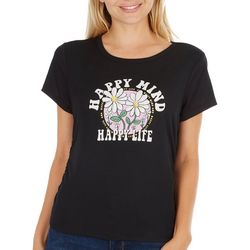 No Comment Juniors Happy Mind Happy Life Ribbed Ruched Tee