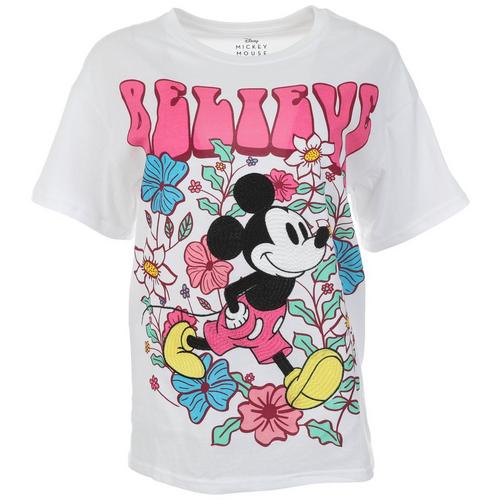 Juniors Embroideresd Believe Mickey Mouse Short Sleeve Tee