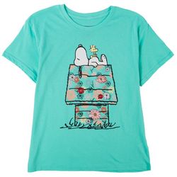 Peanuts Juniors Floral Embroidered Snoopy Short Sleeve Tee