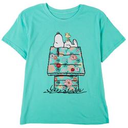 Juniors Floral Embroidered Snoopy Short Sleeve Tee