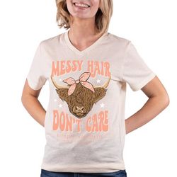 Simply Southern Juniors Messy Hair Don't Care V Neck Tee