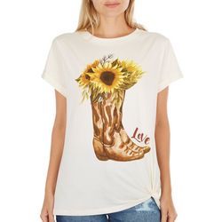 Juniors Sunflower Cowgirl Boots Knotted Short Sleeve Top