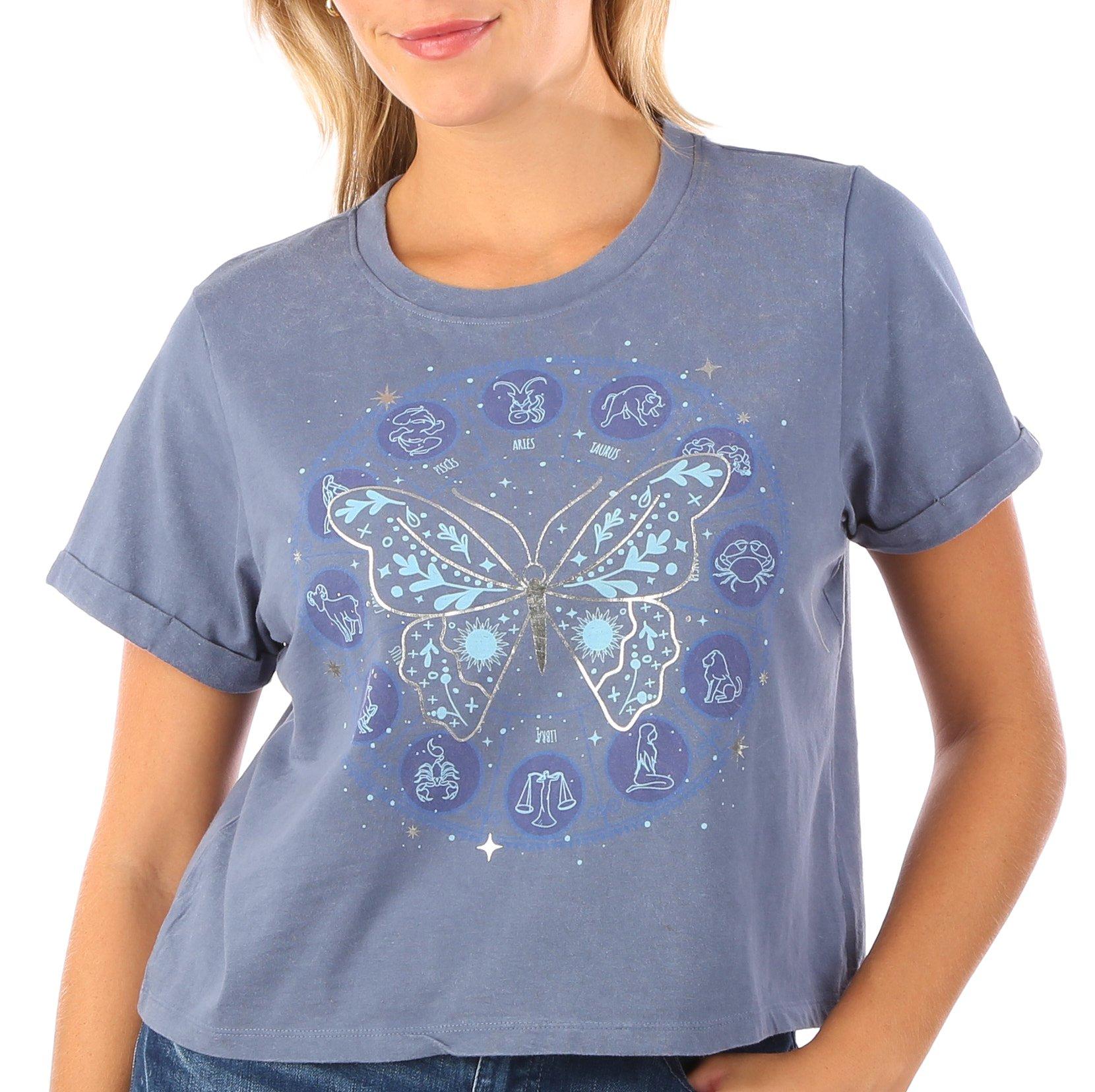 Juniors Celestial Butterfly Short Cuffed Sleeve Tee