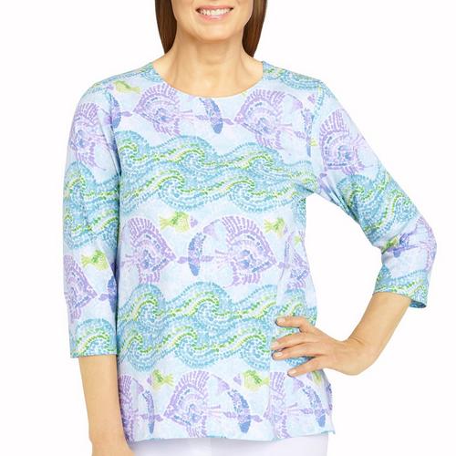 Alfred Dunner Petite Fish Biadere 3/4 Sleeve Top
