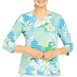 Alfred Dunner Petite Floral Pineapple 3/4 Sleeve Top