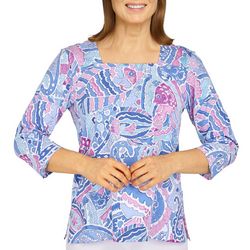 Alfred Dunner Petite Fish  Mosaic 3/4 Sleeve Top