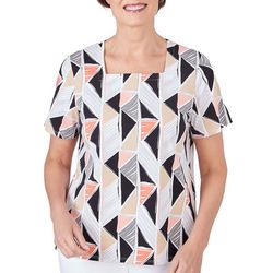Alfred Dunner Petite Geo Print  Square Neck Short Sleeve Top