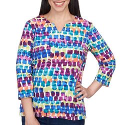 Alfred Dunner Petite Print Notch Neck 3/4 Sleeve Top