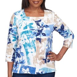 Alfred Dunner Petite Floral Square Neck 3/4 Sleeve Top