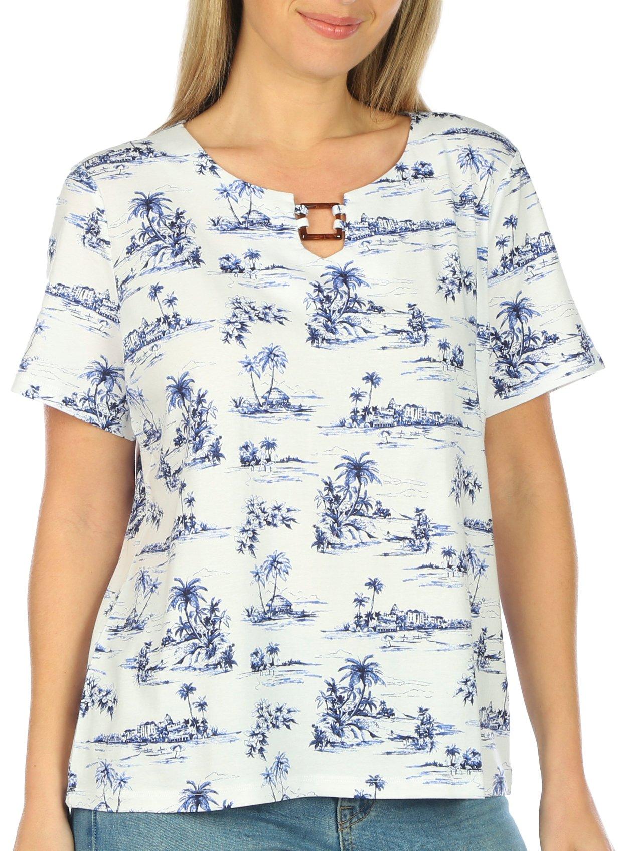 Coral Bay Petite Print Square Ring Keyhole Short Sleeve Top