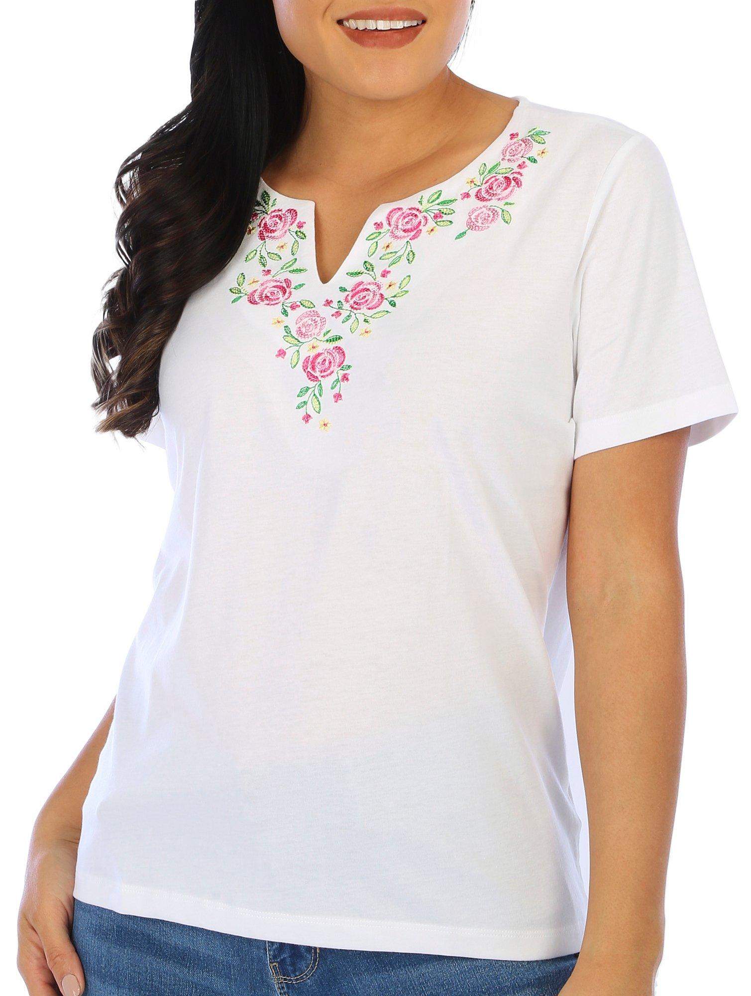 Coral Bay Petite Solid Floral Embroidery Short Sleeve Top