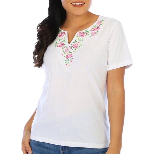 Coral Bay Petite Solid Floral Embroidery Short Sleeve