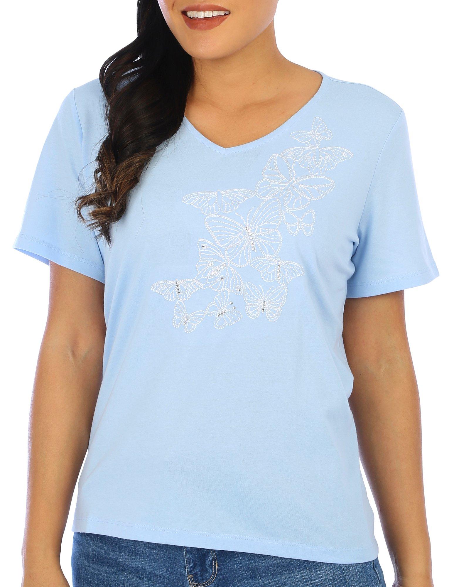 Coral Bay Petite Solid Jeweled Butterfly Short Sleeve Top