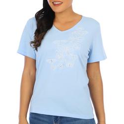Petite Solid Jeweled Butterfly Short Sleeve Top