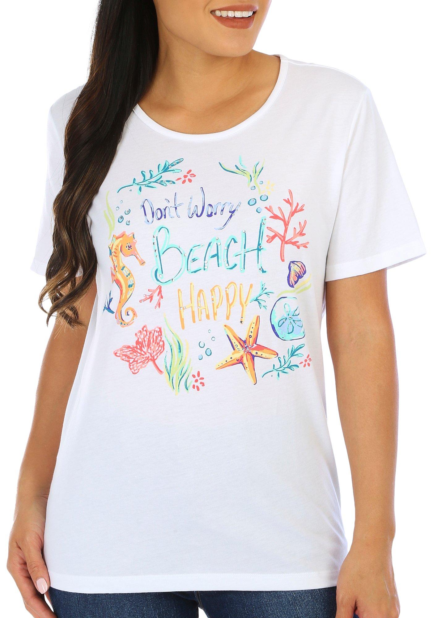Coral Bay Petite Don't Worry Beach Happy Short Sleeve Top