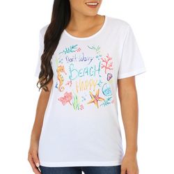 Coral Bay Petite Don't Worry Beach Happy Short Sleeve Top